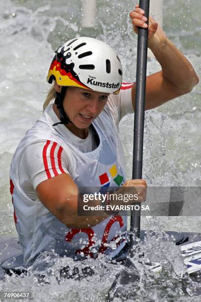 German Jennifer Bongardt competes during the women's K-1 qualifiers of the 2007 Slalom World Championships at the Itaipu Hydroelectric Power Plant,...