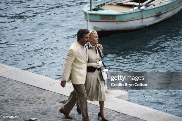 Actors Cheryl Ladd and Alejandro Rey in Villefranche-sur-Mer, France, during filming of Anthony Page's TV movie, 'The Grace Kelly Story' , circa...