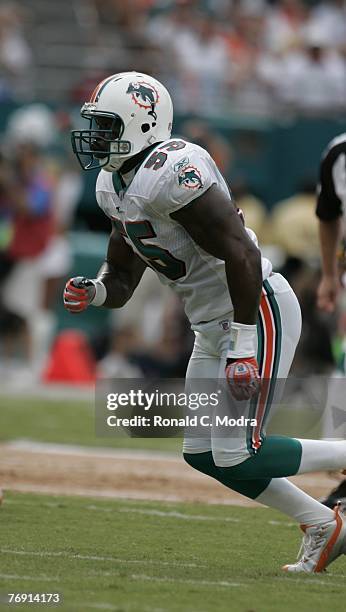 Joey Porter of the Miami Dolphins during a game against the Dallas Cowboys at Dolphin Stadium on September 16, 2007 in Miami, Florida.