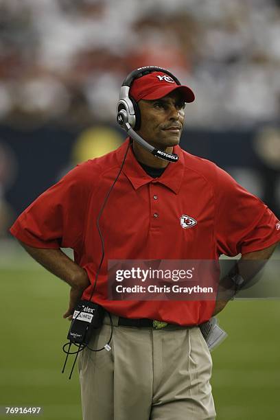 Head Coach Herm Edwards of the Kansas City Chiefs watches from the sideline against the Houston Texans on September 9, 2007 at Reliant Stadium in...