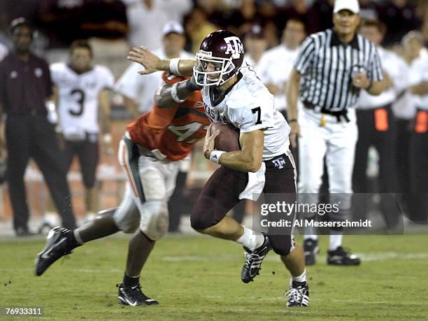 Quarterback Stephen McGee of Texas A & M rushes for a gain against the University of Miami at the Orange Bowl on September 20, 2007 in Miami,...