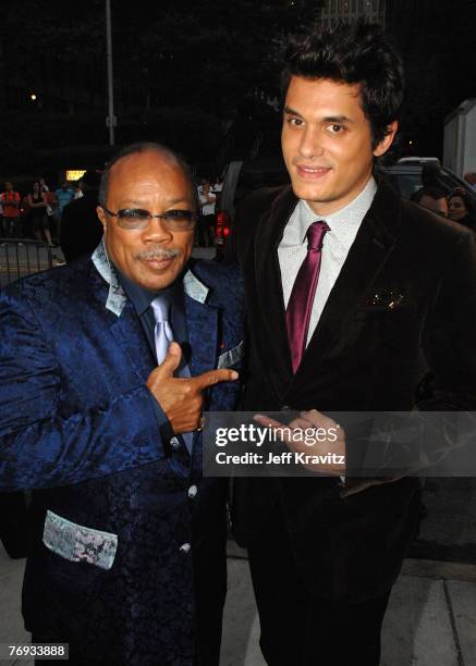 Music producer Quincy Jones and musician John Mayer arrive at VH1's Save The Music 10th Anniversary Gala at The Tent at Lincoln Center on September...