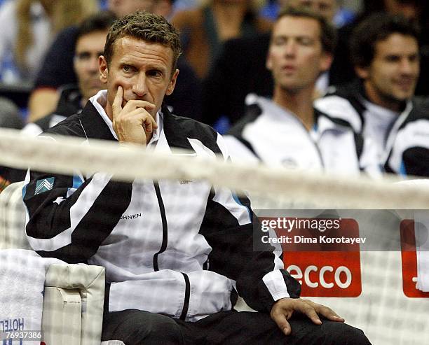 Team Captain Patrik Kuehnen of Germany looks on during the Davis Cup by BNP Paribas World Group Semi-final match between Russia and Germany on...