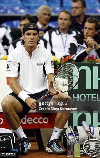 Tommy Haas of Germany looks on during the Davis Cup by BNP Paribas World Group Semi-final match between Russia and Germany on September 21, 2007 in...