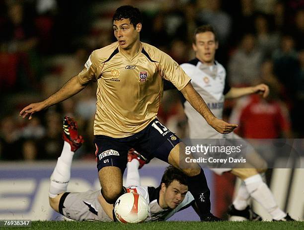 Adam D'Apuzzo of the Jets controls the ball during the round five A-League match between the Newcastle Jets and the Melbourne Victory held at...