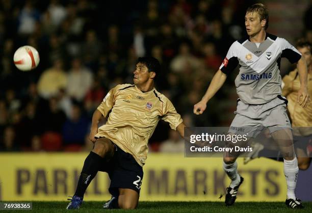 Mario Jardel of the Jets looks to control the ball during the round five A-League match between the Newcastle Jets and the Melbourne Victory held at...