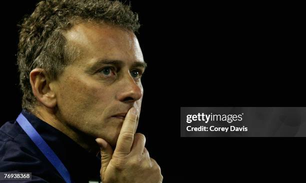 Jets coach Gary Van Egmond watches play from the sideline during the round five A-League match between the Newcastle Jets and the Melbourne Victory...