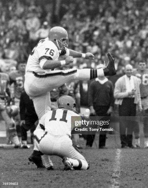 Cleveland Browns Hall of Fame tackle/kicker Lou Groza attempts a field goal during a 37-21 victory over the Detroit Lions on November 15 at Cleveland...