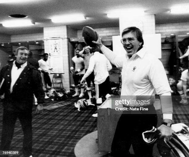 Washington Redskins Hall of Fame head coach Joe Gibbs celebrates his team's victory in the NFC First-Round Playoff, a 31-7 victory over the Detroit...