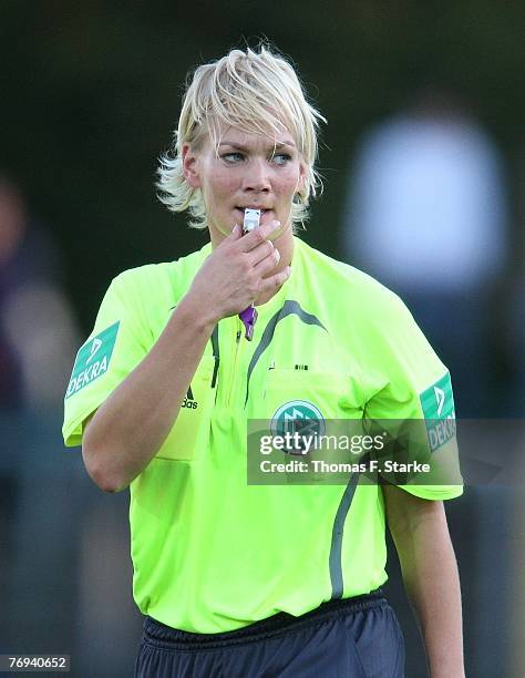 Referee Bibiana Steinhaus whistles during the 2nd Bundesliga match between SC Paderborn and TSG Hoffenheim at the Hermann-Loens stadium on September...