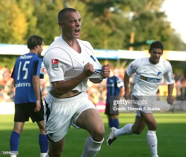 Matthias Jaissle of Hoffenheim celebrates his first goal during the 2nd Bundesliga match between SC Paderborn and TSG Hoffenheim at the Hermann-Loens...