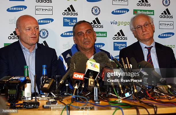 Chelsea's CEO Peter Kenyon , new manager Avram Grant and chairman Bruce Buck speak to the media during the Chelsea Press Conference at Stamford...