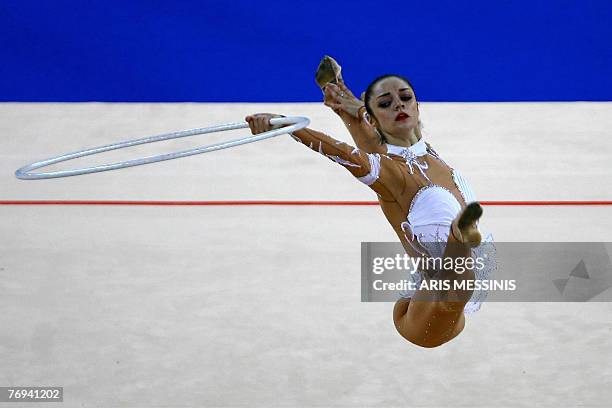 Anna Bessonova from Ukraine performs on the hoop during the 28th Rythmic Gymnastics World Championship in Patra, some 200 kilometers southwest of...