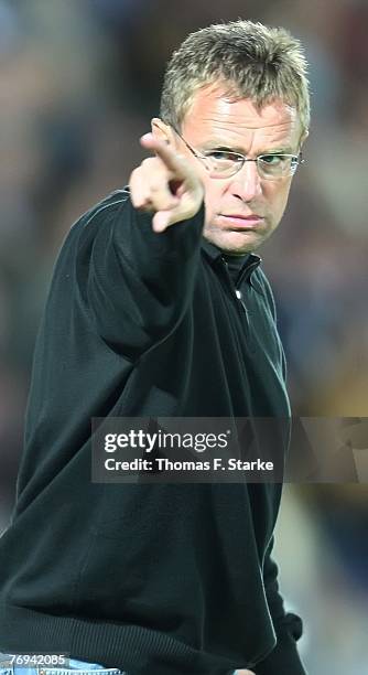 Head coach Ralf Rangnick of Hoffenheim gives advice to his team during the 2nd Bundesliga match between SC Paderborn and TSG Hoffenheim at the...
