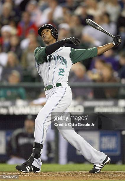 Upton of the Tampa Bay Devil Rays swings at the pitch against the Seattle Mariners on September 16, 2007 at Safeco Field in Seattle, Washington. The...