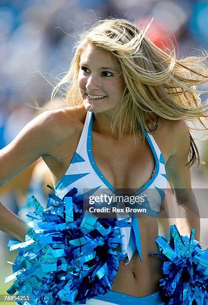 Carolina Panther cheerleader pre-forms during the two-minute warning of the Panthers game against the Houston Texans at Bank of America Stadium on...