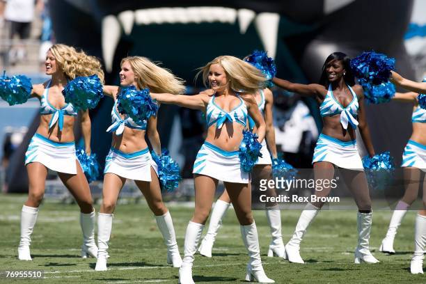 The Carolina Panthers cheerleaders preform prior to the game against the Houston Texans at Bank of America Stadium on September 16, 2007 in...