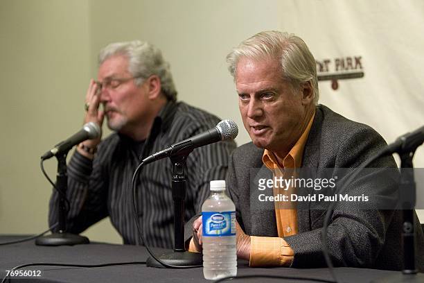 San Francisco Giants Senior Vice President and General Manager Brian Sabean and President and Managing General Partner Peter Magowan at a press...