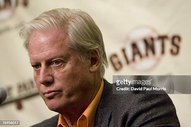 San Francisco Giants President and Managing General Partner Peter Magowan speaks at a press conference announcing the Giants will not bring Barry...