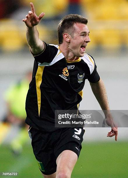 Shane Smeltz of the Phoenix celebrates scoring during the round five A-League match between the Wellington Phoenix and Adelaide United at Westpac...