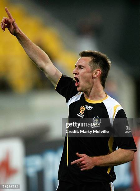 Shane Smetlz of the Phoenix celebrates scoring during the round five A-League match between the Wellington Phoenix and Adelaide United at Westpac...