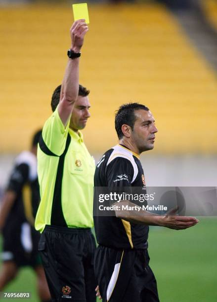 Ross Aloisi of the Phoenix is shown the yellow card by the referee during the round five A-League match between the Wellington Phoenix and Adelaide...