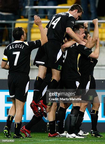 Phoenix players celebrate Felipe's goal during the round five A-League match between the Wellington Phoenix and Adelaide United at Westpac Stadium...