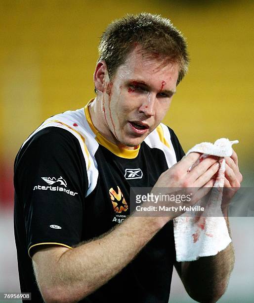 Karl Dodd of the Phoenix takes a knock to the head during the round five A-League match between the Wellington Phoenix and Adelaide United at Westpac...