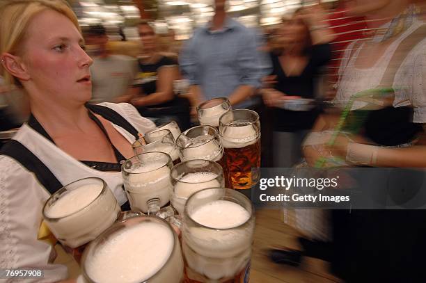 Waitress serves hugs of beer in the Hofbraeuhaus tent after the ceremonial opening of the Oktoberfest beer festival on September 22, 2007 in Munich,...