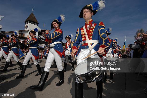 Bavarian marching band playing music during the ceremonial opening of the Oktoberfest beer festival on September 22, 2007 in Munich, Germany. During...
