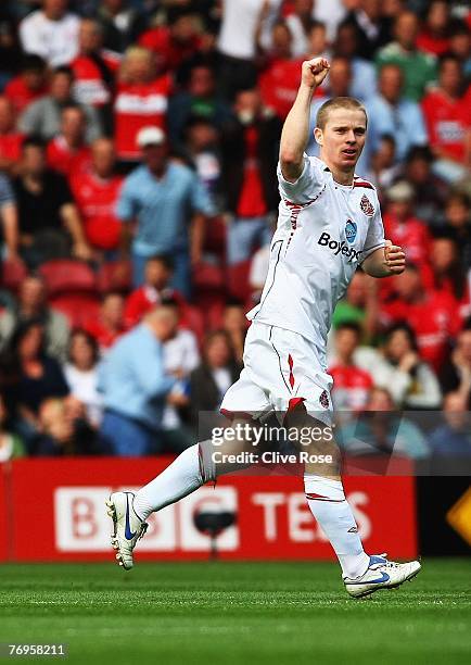 Grant Leadbitter of Sunderland celebrates his goal during the Barclays Premier League match between Middlesbrough and Sunderland at the Riverside on...