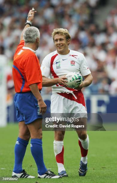 Jonny Wilkinson of England speaks with Referee Alan Lewis of Ireland during the Rugby World Cup 2007 Pool A match between England and Samoa at the...