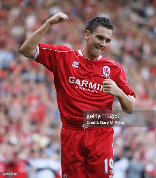 Stewart Downing of Middlesbrough celebrates scoring during the Premier League match between Middlesbrough and Sunderland at the Riverside Stadium on...