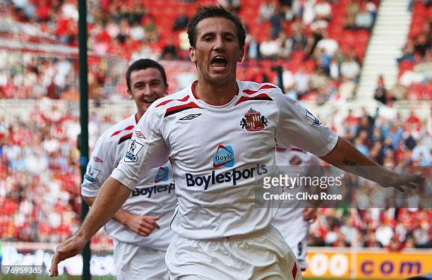 Liam Miller of Sunderland celebrates his goal during the Barclays Premier League match between Middlesbrough and Sunderland at the Riverside on...