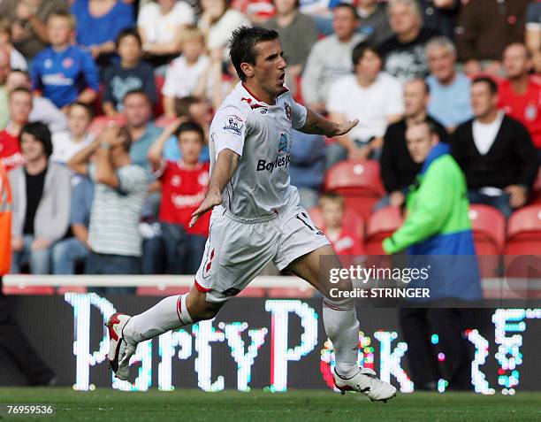 Sunderland's Liam Miller celebrates after equalising in the last minutes in their Premiership League clash with Middlesbrough at the Riverside...