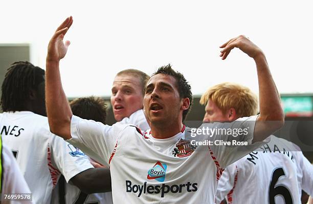 Michael Chopra of Sunderland celebrates his goal during the Barclays Premier League match between Middlesbrough and Sunderland at the Riverside on...