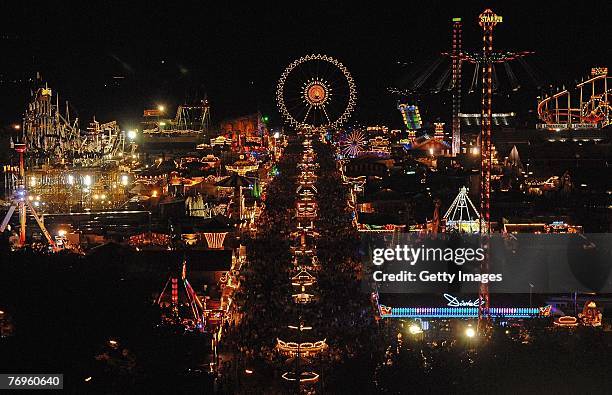 Nightly view of the Oktoberfest beer festival on the evening of September 22, 2007 in Munich, Germany. During the Oktoberfest, known as the biggest...