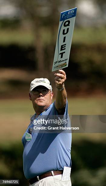 Marshall gestures for the gallery to be quiet during the second round of the Champions Tour SAS Championship at Prestonwood Country Club September...