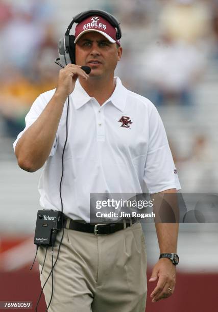 Coach Jeff Jagodzinski of the Boston College Eagles paces the sideline during a game against the Army Black Knights at Alumni Stadium September 22,...