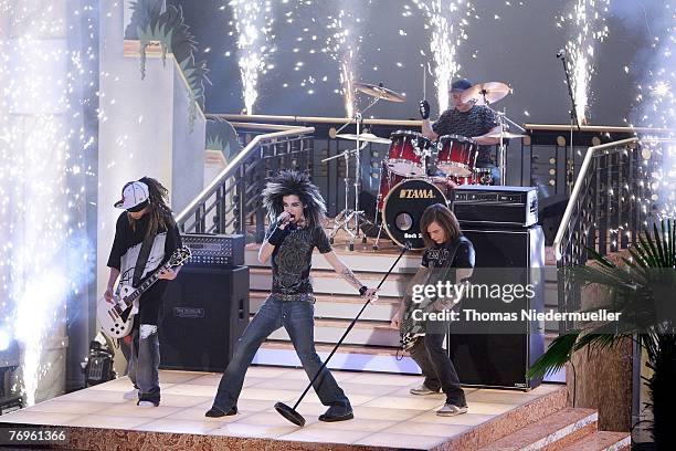 The band 'Tokio Hotel' performs during the recording of TV show 'Die goldene Stimmgabel 2007', presented by Dieter Thomas Heck, in the...