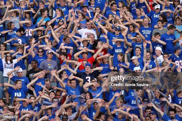 Kansas Jayhawk fans cheer during the game against the Florida International Golden Panthers on September 22, 2007 at Memorial Stadium in Lawrence,...