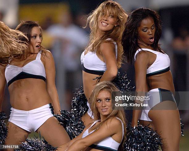 Philadelphia Eagles cheerleaders perform during NFL Pro Football Hall of Fame game against the Oakland Raiders at Fawcett Stadium in Canton, Ohio on...