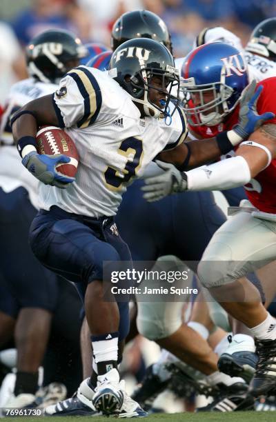 Mod Ned of the Florida International Golden Panthers carries the ball against the Kansas Jayhawks during the game on September 22, 2007 at Memorial...
