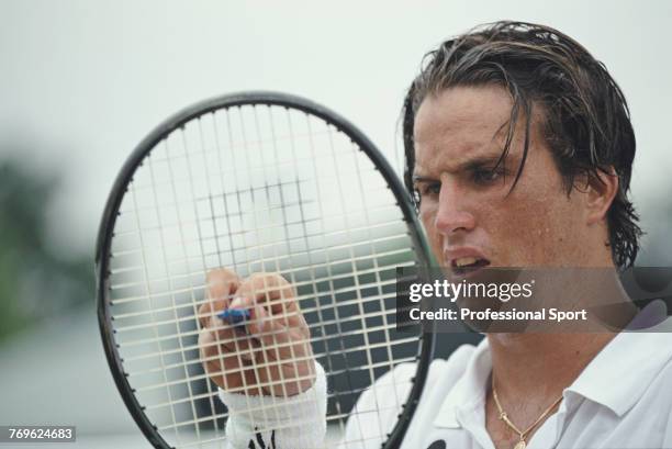 Australian tennis player Patrick Rafter pictured during competition to reach the fourth round of the Men's Singles tournament at the Wimbledon Lawn...