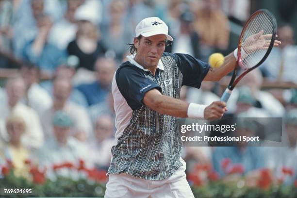 Australian tennis player Patrick Rafter pictured in action during competition to reach the semi finals of the Men's Singles tennis tournament at the...