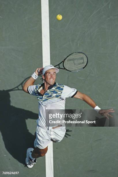 Australian tennis player Patrick Rafter pictured in action to lose to Danish tennis player Kenneth Carlsen in the first round of the 1996 US Open...