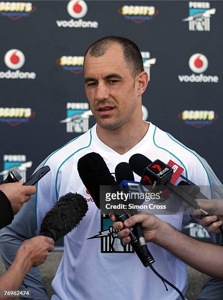Warren Tredrea of the Power speaks to the media during a Port Adelaide Power AFL press conference at Alberton Oval on September 23, 2007 in Adelaide,...