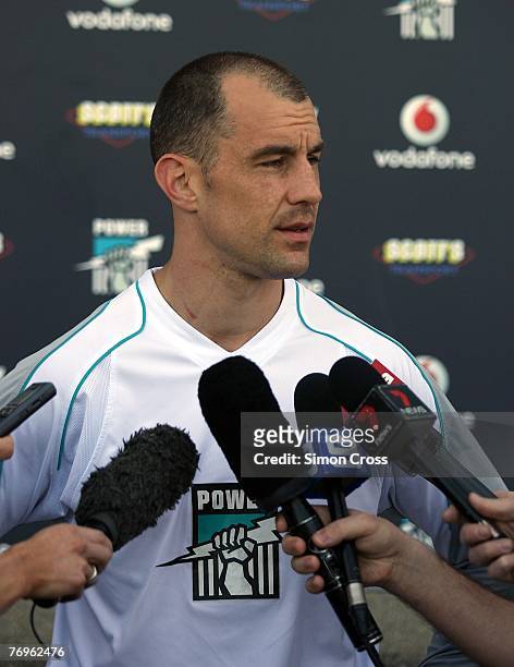 Warren Tredrea of the Power speaks to the media during a Port Adelaide Power AFL press conference at Alberton Oval on September 23, 2007 in Adelaide,...