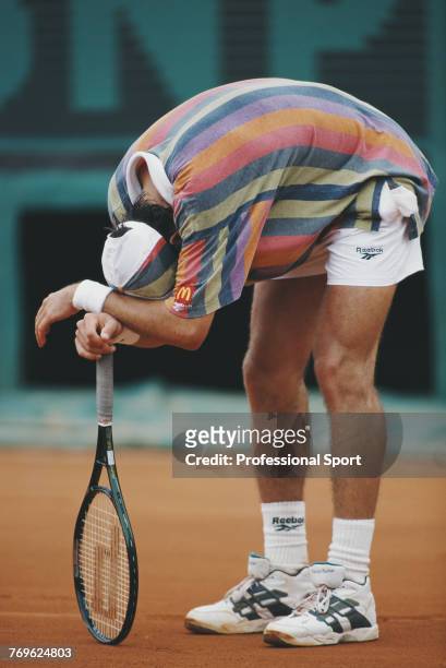 Australian tennis player Patrick Rafter pictured looking dejected during competition to lose to Sergi Bruguera of Spain in the first round of the...