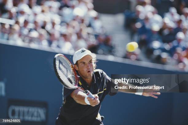 Australian tennis player Patrick Rafter pictured in action during competition to reach and win the final of the 1997 US Open Men's Singles tennis...